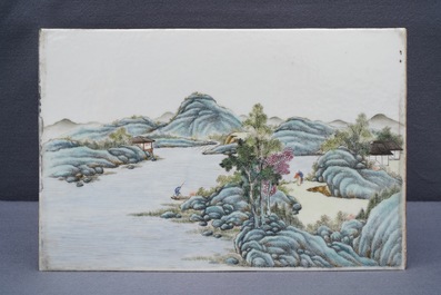 A Chinese famille rose 'river landscape' plaque, ca. 1900